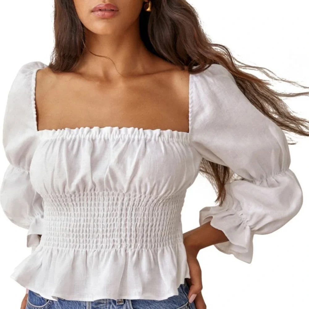 🌿Reformation Oak Grove Square Neck Linen Smock Blouse SZ M NWT